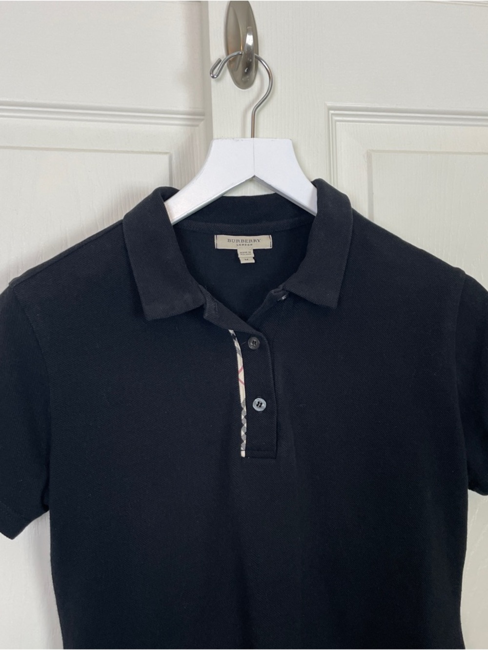 Burberry London Black Pique Knit Cropped Polo Shirt Plaid Trim Sz M - Picture 2 of 10
